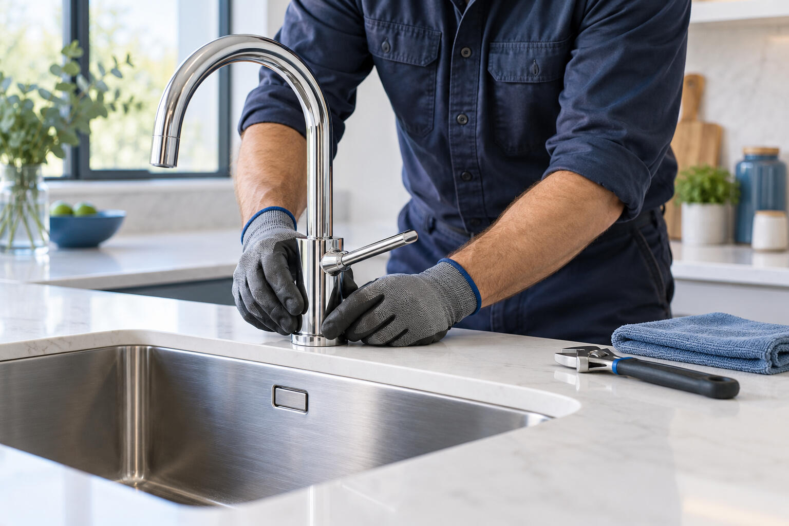 AI-generated illustrative plumber fitting a chrome kitchen mixer tap.